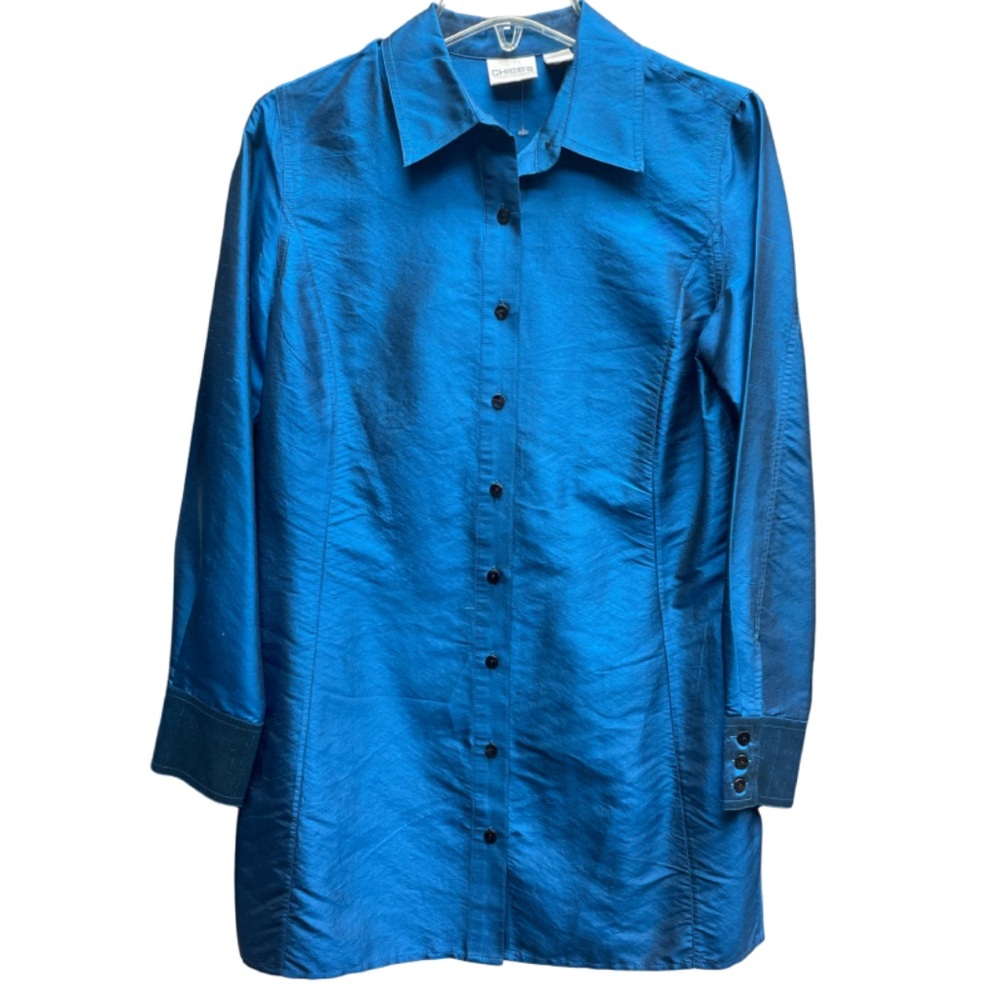 Chico’s Blue 100% Silk Button Down Blouse With Straight Hem,  Sz 0